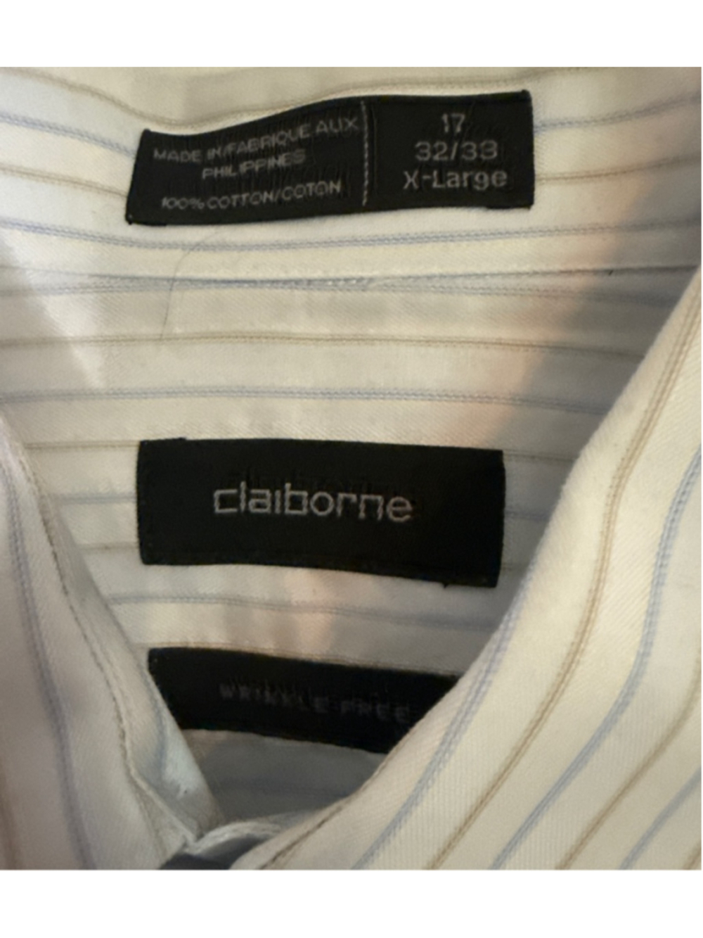 Men's Claiborne Striped Dress Shirt Neck 17 White Blue - Picture 3 of 3